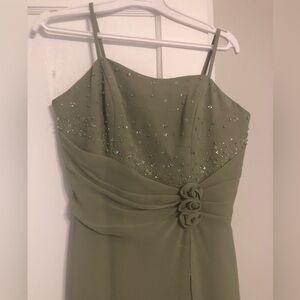 Avalon Spaghetti Strap Sage Green Formal Dress with Sequin Embellishments S 12